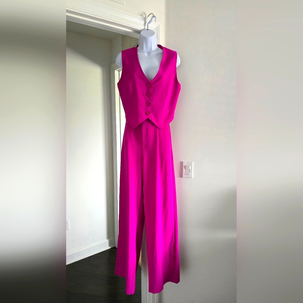 Women's Fuchsia Wide-Leg Pantsuit with Buttoned Vest
